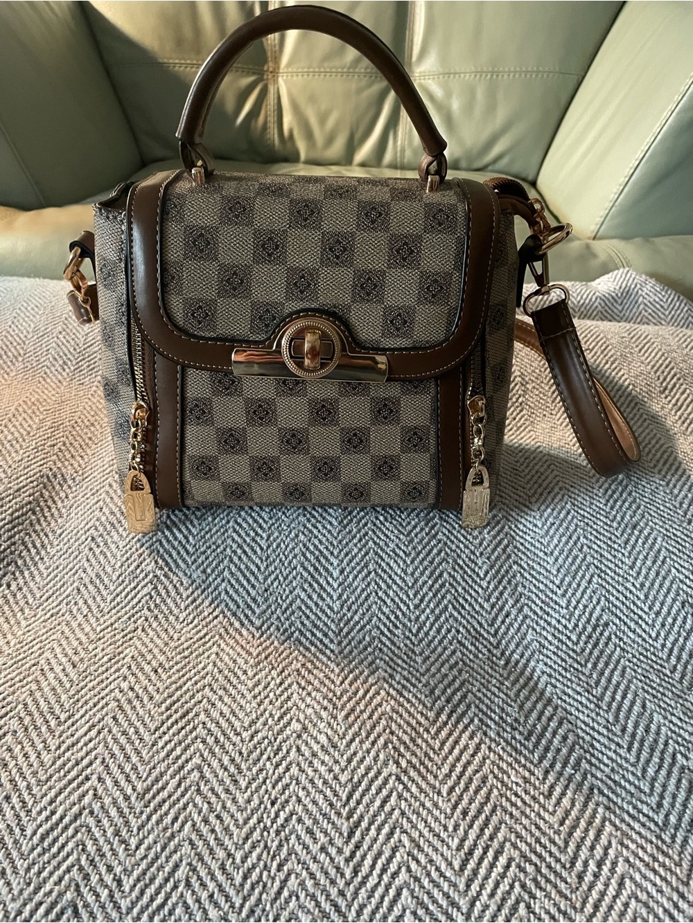 Women's Checker Box Satchel Handbag in Brown and Beige
